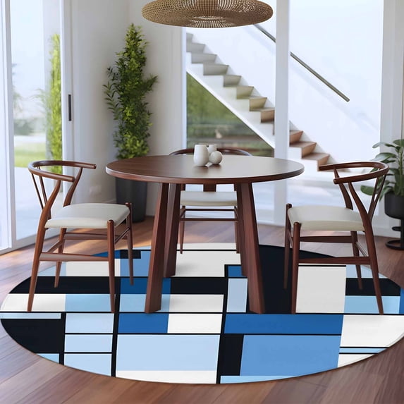 8ft Washable Large Round Rug, Abstract Non-Slip Circle Area Rug for Living Room Dining Room, Medieval Blue Black Geometrical Indoor Floor Mat for Home Decor