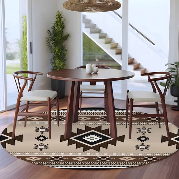 8ft Washable Large Round Rug, Aztec Non-Slip Circle Area Rug for Living Room Dining Room, Brown Southwest Wind Bohemian Ethnic Wind Indoor Floor Mat for Home Decor