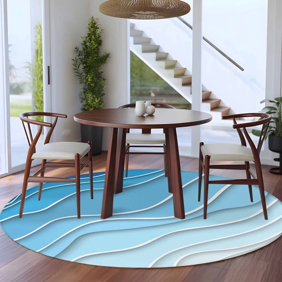 8ft Washable Large Round Rug, Blue Ombre Non-Slip Circle Area Rug for Living Room Dining Room, Abstract Sea Water Indoor Floor Mat for Home Decor