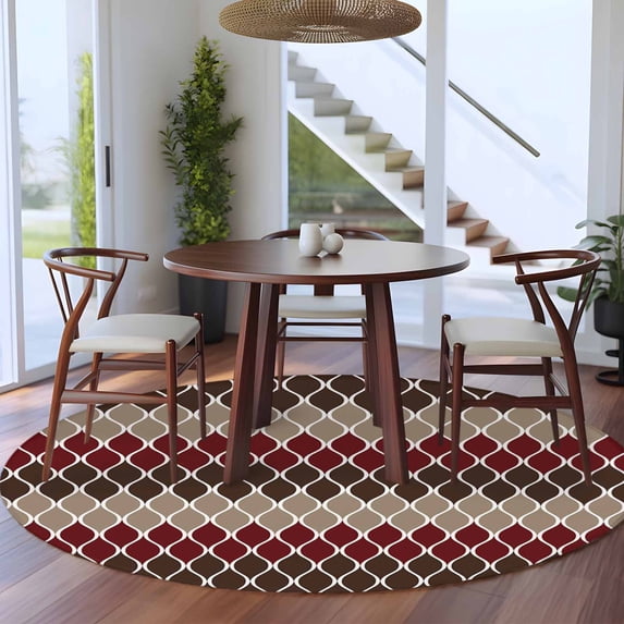 8ft Washable Large Round Rug, Brown Red Non-Slip Circle Area Rug for Living Room Dining Room, Geometric Indoor Floor Mat for Home Decor