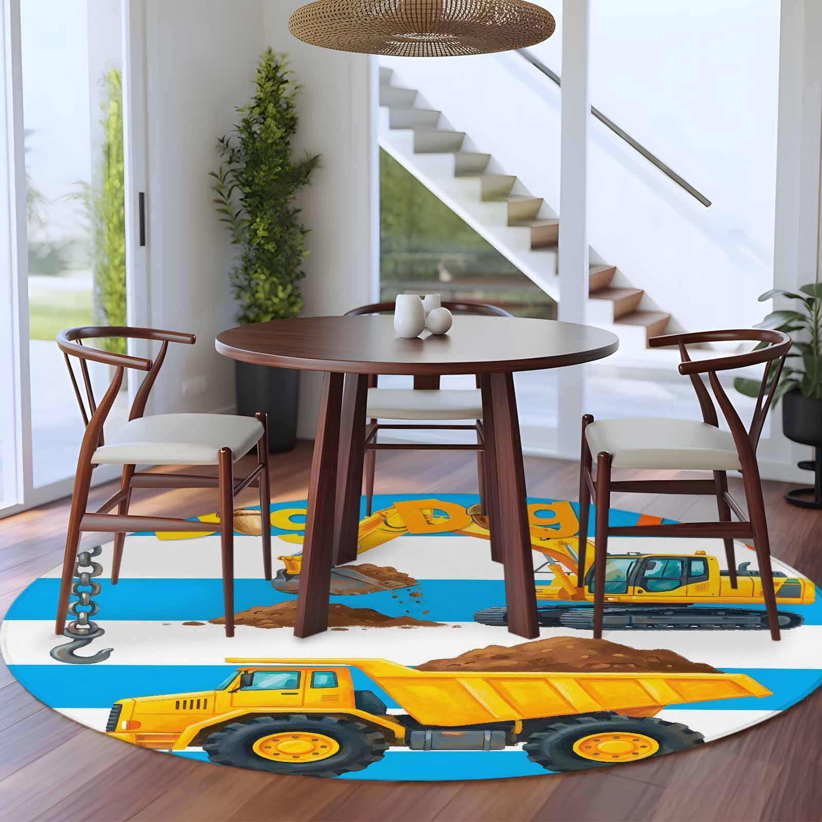 8ft Washable Large Round Rug, Cartoon Engineering Non-Slip Circle Area ...