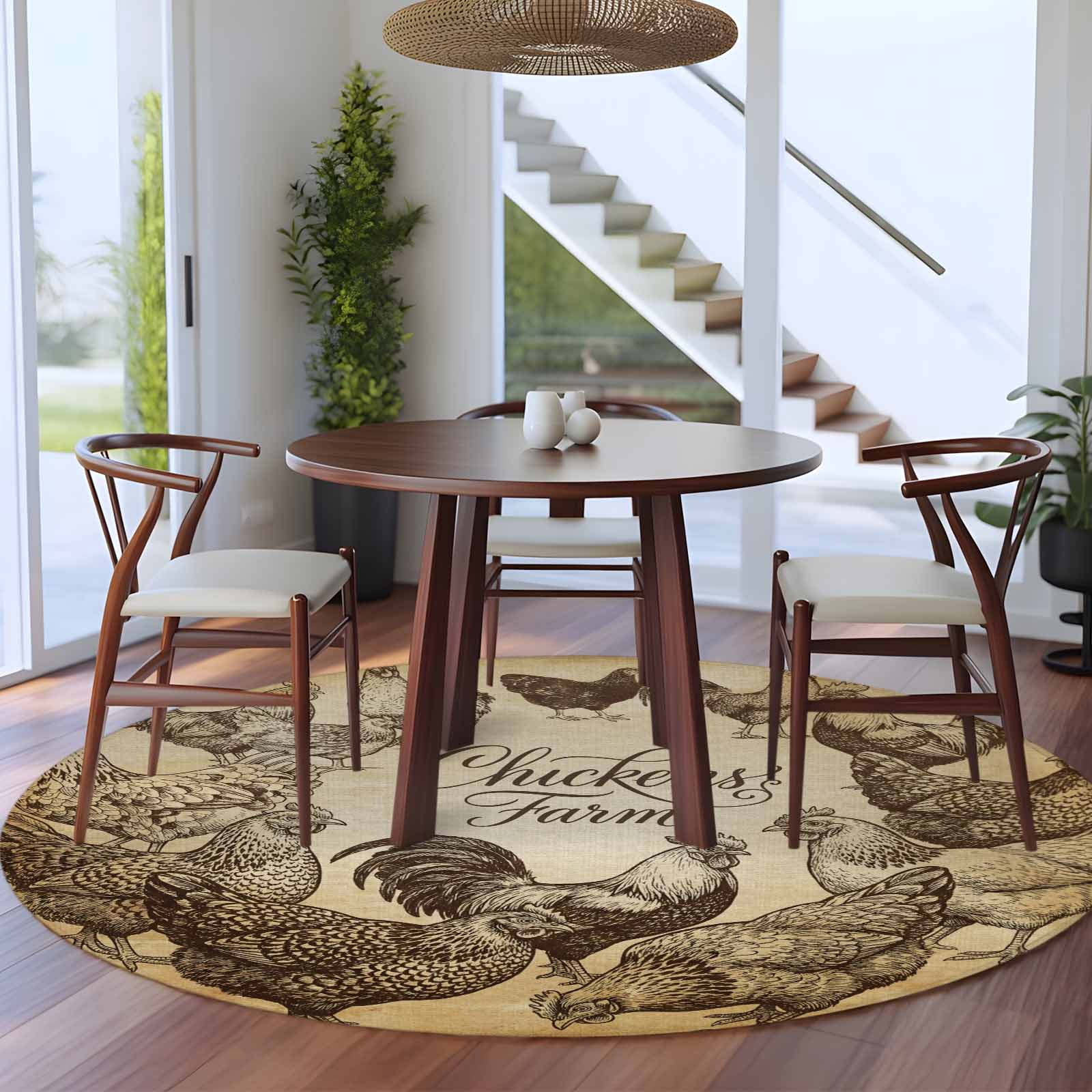 Hen Rug 8ft Washable Large Round Rug, Chicken Farm Non-Slip Circle Area Rug for ...