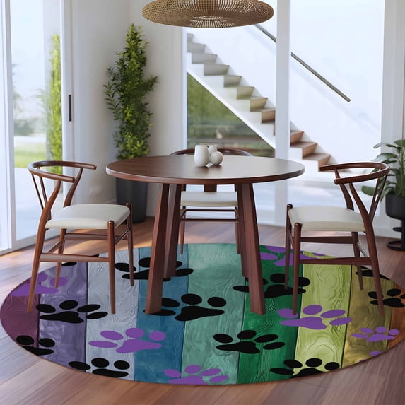 8ft Washable Large Round Rug, Colorful Dog Non-Slip Circle Area Rug for Living Room Dining Room, Paw Prints on The Board Indoor Floor Mat for Home Decor