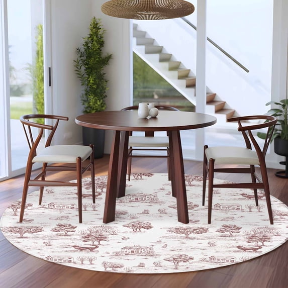 8ft Washable Large Round Rug, Country Style Non-Slip Circle Area Rug for Living Room Dining Room, Vintage Cottages Animals Tree Retro Illustration Brown Indoor Floor Mat for Home Decor