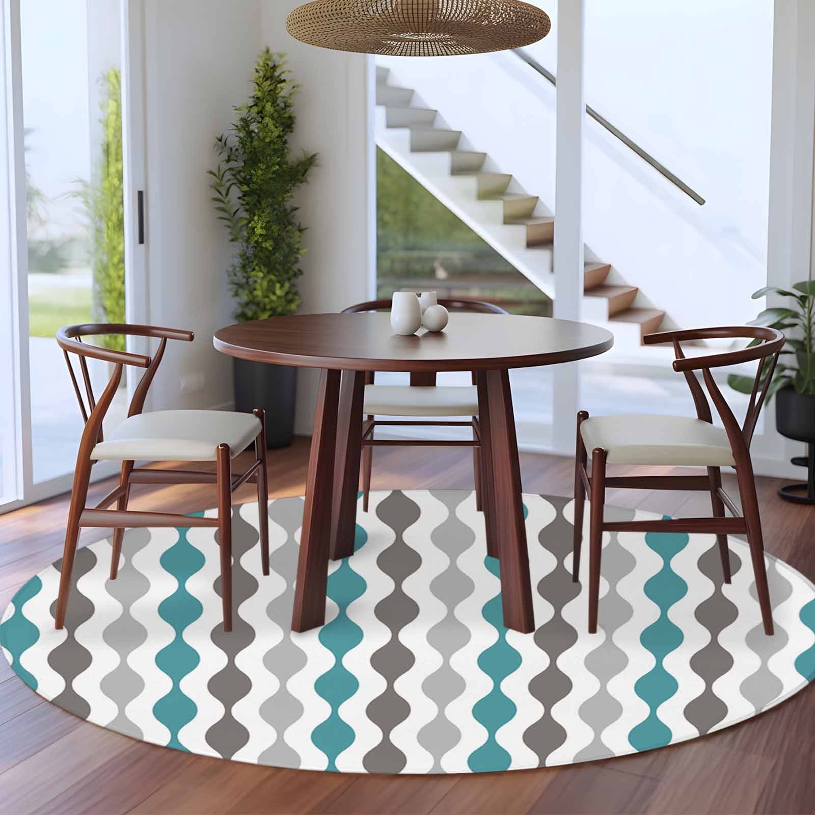 8ft Washable Large Round Rug, Cyan Turquoise Grey Non-Slip Circle Area ...