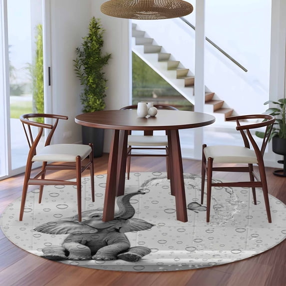 8ft Washable Large Round Rug, Elephant Bathtub Non-Slip Circle Area Rug for Living Room Dining Room, Animal Water Drops Gray Abstract Indoor Floor Mat for Home Decor