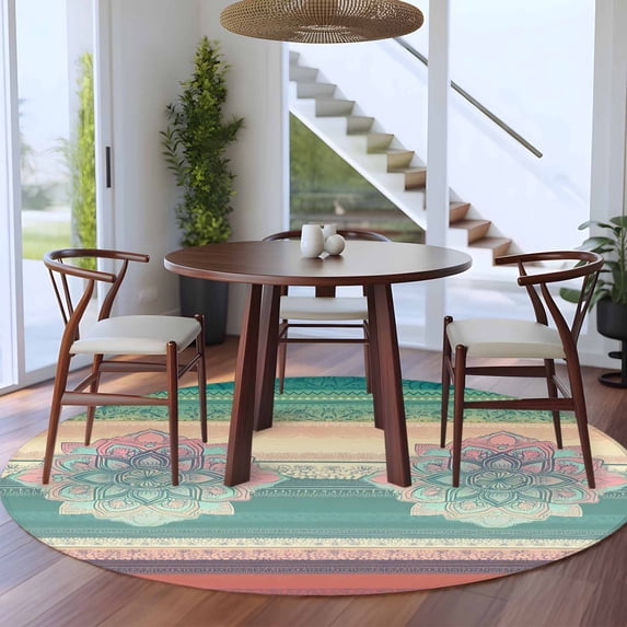8ft Washable Large Round Rug, Ethnic Boho Floral Non-Slip Circle Area Rug for Living Room Dining Room, Turquoise Pink Beige Gradual Stripe Indoor Floor Mat for Home Decor