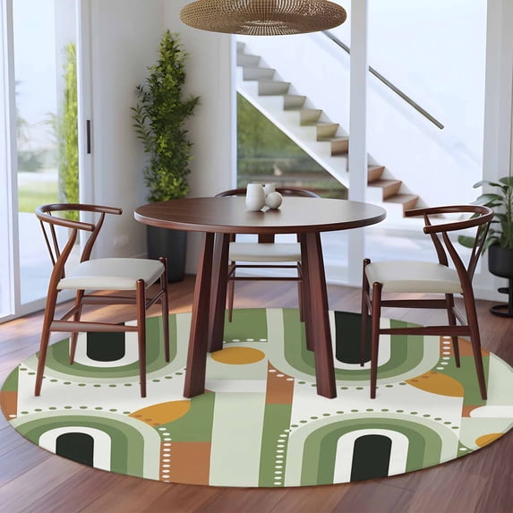 8ft Washable Large Round Rug, Mid-Century Modern Non-Slip Circle Area Rug for Living Room Dining Room, Art Geometric Abstract Green Indoor Floor Mat for Home Decor
