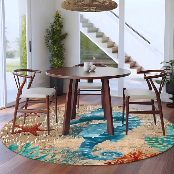 8ft Washable Large Round Rug, Nautical Marine Life Non-Slip Circle Area Rug for Living Room Dining Room, Hippocampus Starfish Coral Seaweed Blue Ocean Retro Indoor Floor Mat for Home Decor