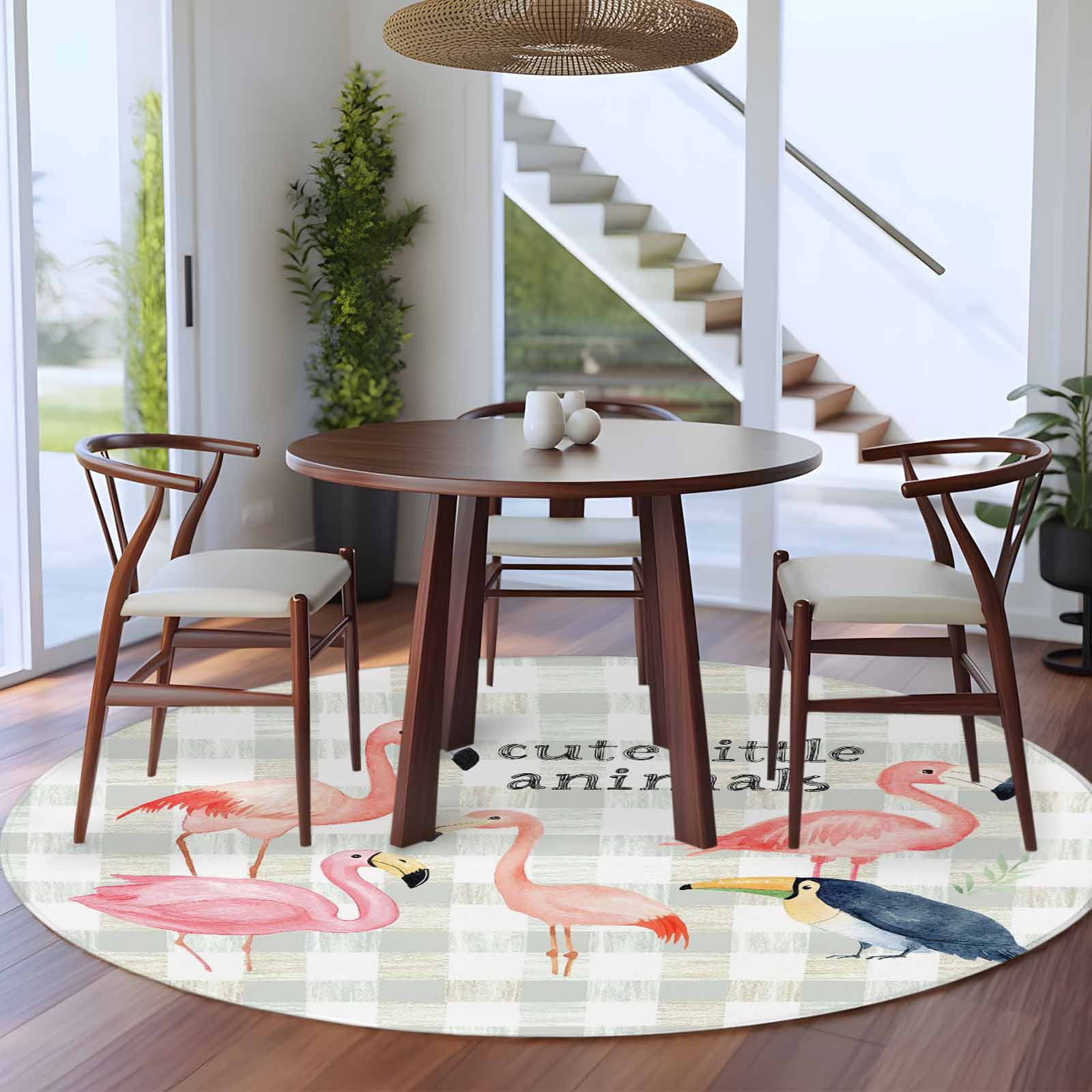 Round Animal Rug 8ft Washable Large Round Rug, Pink Bird Non-Slip Circle Area Rug for ...