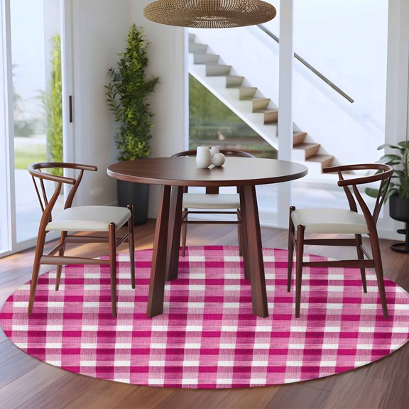 8ft Washable Large Round Rug, Pink White Check Non-Slip Circle Area Rug for Living Room Dining Room, Modern Pink Theme Simple Indoor Floor Mat for Home Decor