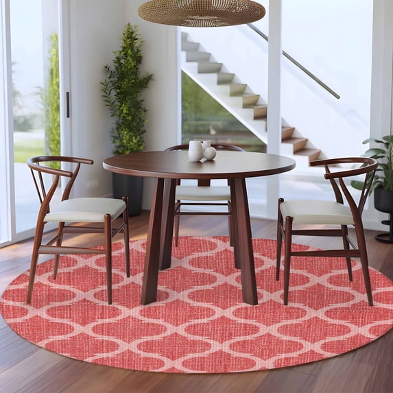 8ft Washable Large Round Rug, Red Plaid Non-Slip Circle Area Rug for ...