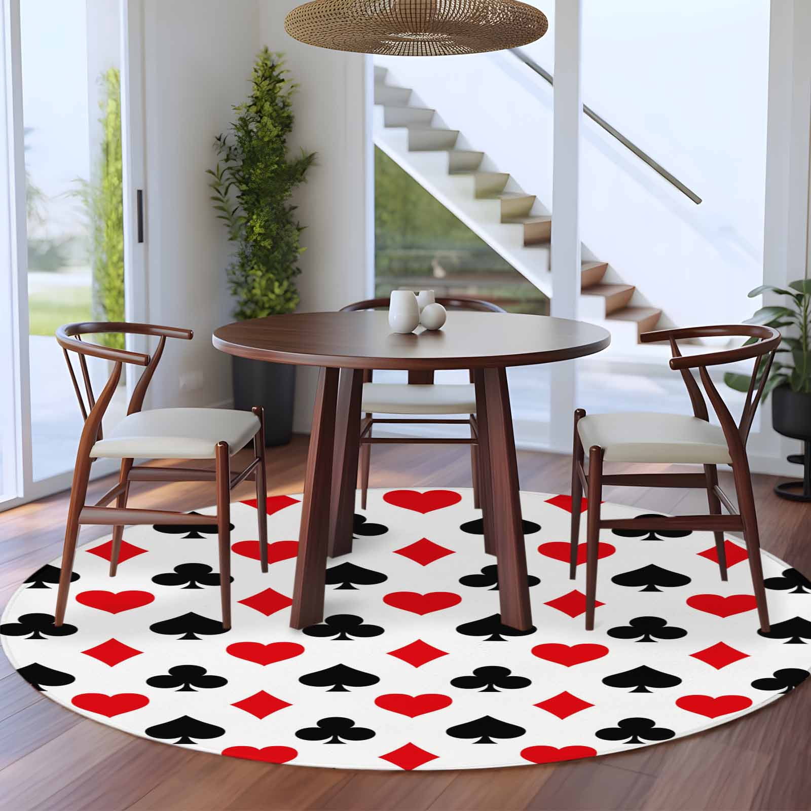 8ft Washable Large Round Rug, Squares, Spades, Hearts Non-Slip Circle ...