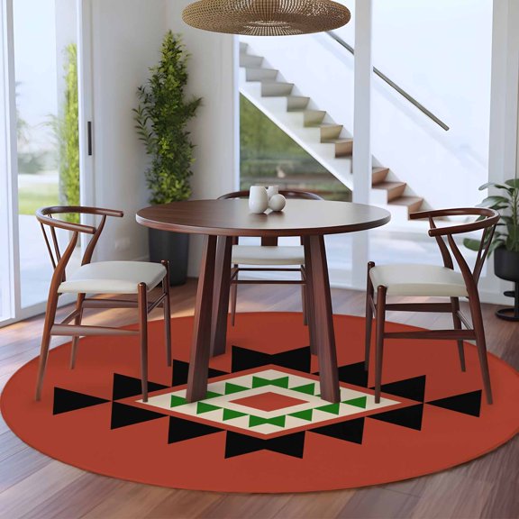 8ft Washable Large Round Rug, Triangle Combination Pattern Non-Slip Circle Area Rug for Living Room Dining Room, Black Green Red Retro Decor Indoor Floor Mat for Home Decor