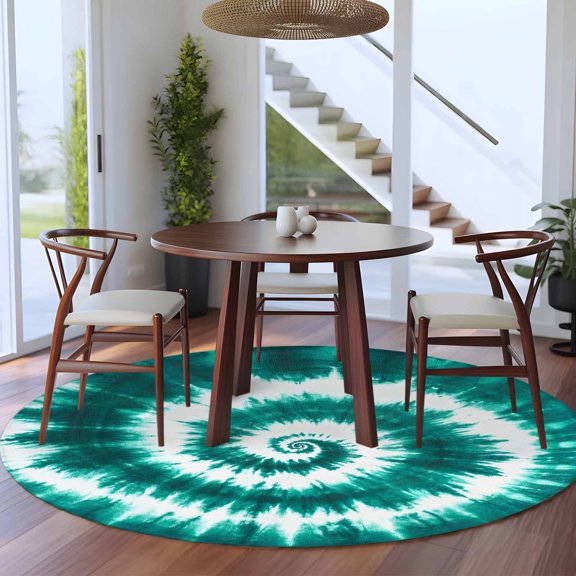 8ft Washable Large Round Rug, Turquoise Tie-dye Non-Slip Circle Area Rug for Living Room Dining Room, Chinese Style Abstract Ethnic Indoor Floor Mat for Home Decor