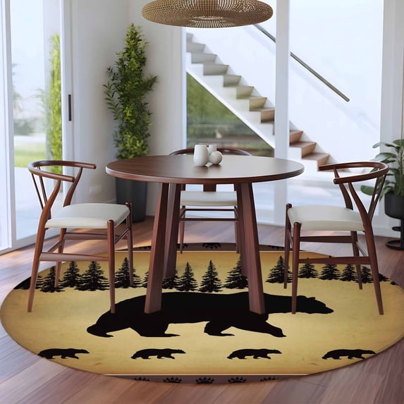 8ft Washable Large Round Rug, Vintage Animals Bear Non-Slip Circle Area Rug for Living Room Dining Room, Black Pine Forest Retro Animal Indoor Floor Mat for Home Decor