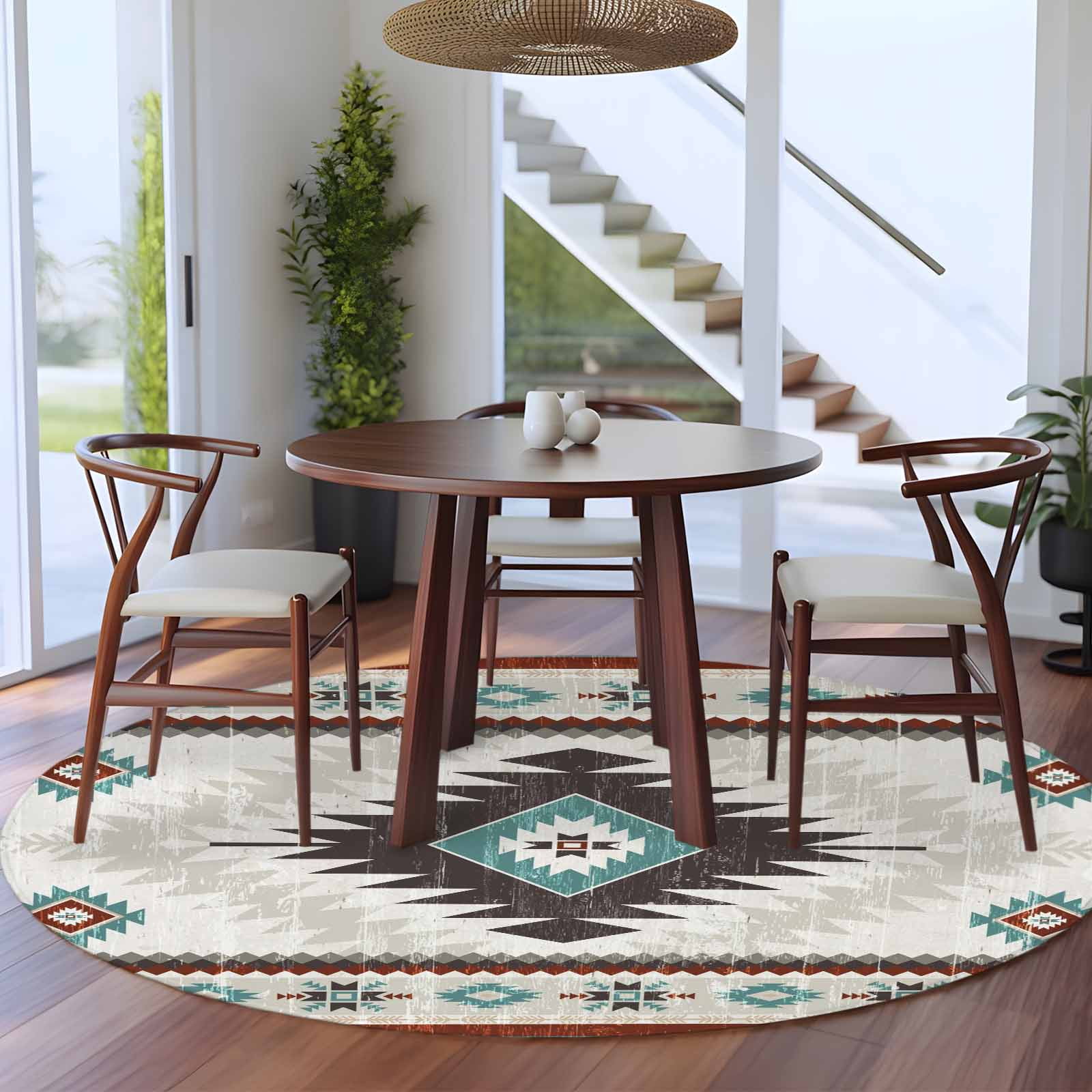 8ft Washable Large Round Rug, Vintage Aztec Non-Slip Circle Area Rug ...