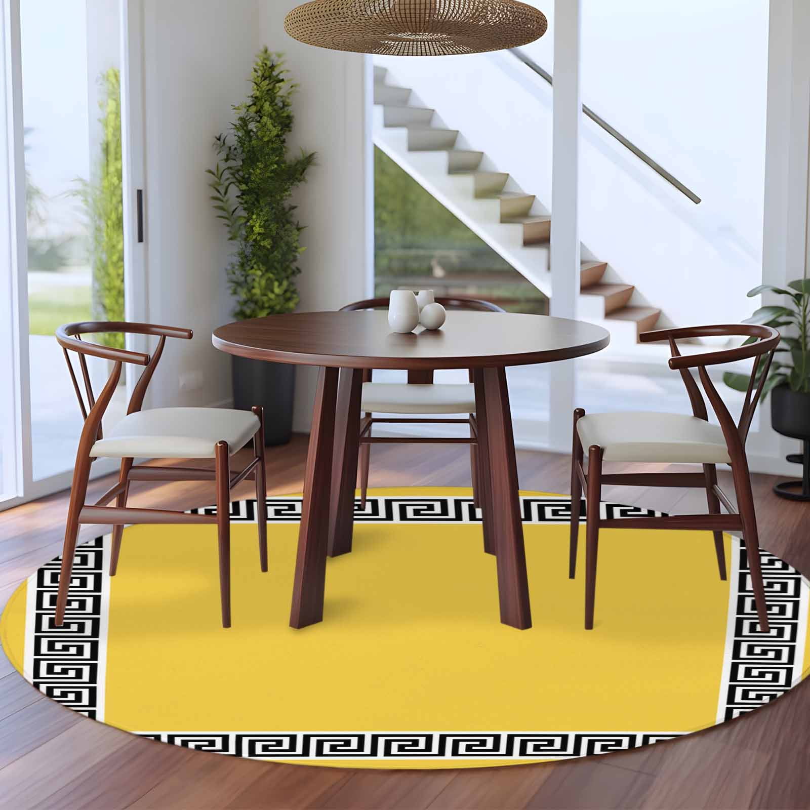 Yellow Circe Rug 8ft Washable Large Round Rug, Yellow Traditional Non-Slip Circle Area ...