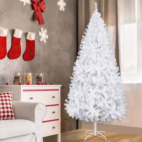 8ft White Christmas Tree with 1138 Branches, Artificial Christmas Tree with Metal Stand, for Home Christmas DIY Decor
