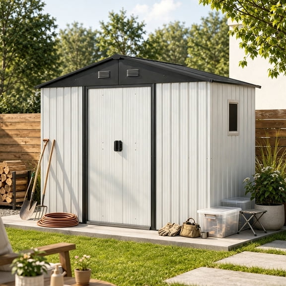 8ft x 4ft Outdoor Metal Storage Shed with Window and Metal Foundation for Backyard, Patio, Lawn --White and Black