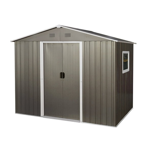 Anykoon 8ft x 6ft Outdoor Metal Storage Shed with Window and vents,Sliding Doors and Padlock, Weather Resistant: UV resistant,Grey