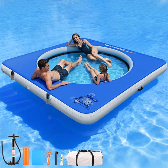 8ft x 8ft Inflatable Square Water Float Bed with Center Indentation & Anchor D-Rings - Heavy-Duty PVC for Pool, Lake, Beach - Lake Green/Deep Blue