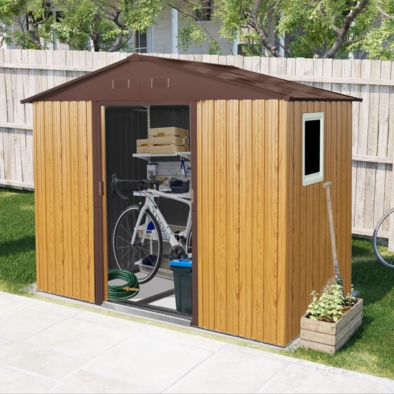 8ftx4ft Outdoor Metal Secure Spacious Storage Garden Tool Shed with Window Foundation Includes Lock Shelf Anchors for Backyard, Patio, Lawn, Coffee