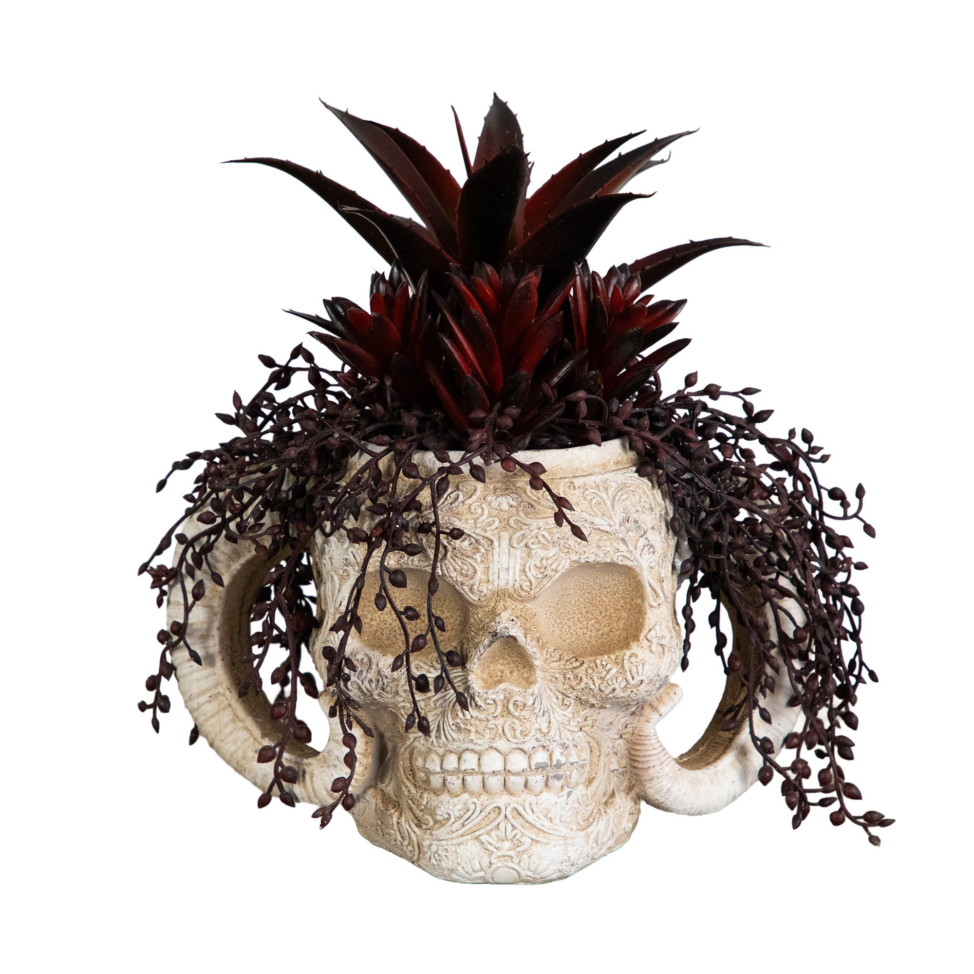 8in. Artificial Halloween Succulent Garden in Horned Skull Planter