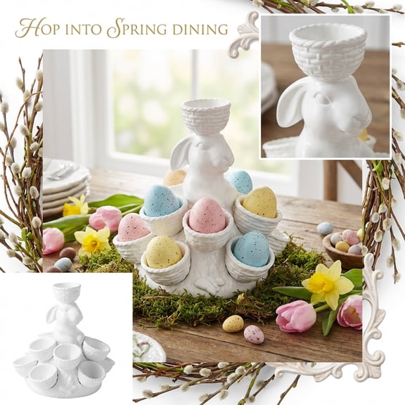 8in Easter Decorations Resin Bunny Egg Holder Centerpiece for Easter Decorations for Home Table Display, Easter Decor Rabbit Egg Tray Stand for Party and Kitchen