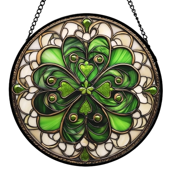 8in Green Clover Sun Catcher Puzzle Window Hanging Stained Glass Style Lucky Decor
