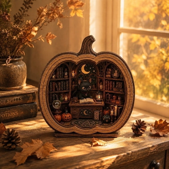 8in Halloween Party Decorations Halloween Decorations Indoor Creative Wooden Bookends with 3D Miniature Scene Pumpkin Witch Decor for Bookshelf Home,1pc