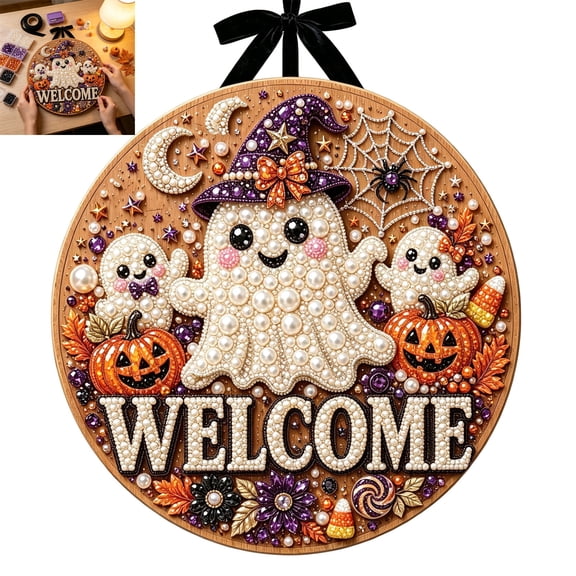8in Halloween diamond bead painting Hanging Sign Kit,Beginner Friendly Black Cat Ghost Pumpkin Welcome Wreath Decor, Indoor Outdoor Front Door Porch Festive Wall Ornament,Halloween Gift DIY Craft Kit