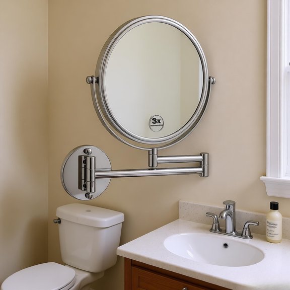 8in LED Wall Mount Two Sided Magnifying Makeup Mirror with 1X 3X Magnification Touch Sensor Waterproof Button Adjustable Arm Natural Daylight Bulbs for Bathroom Vanity Bedroom Skincare Grooming