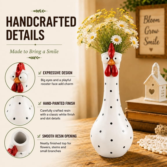 8in Larger Long Neck Colorful Dot Chicken Vase for Flowers, 20cm Handcrafted Resin Big Eye Rooster Vases Home Decor for Home Office Display