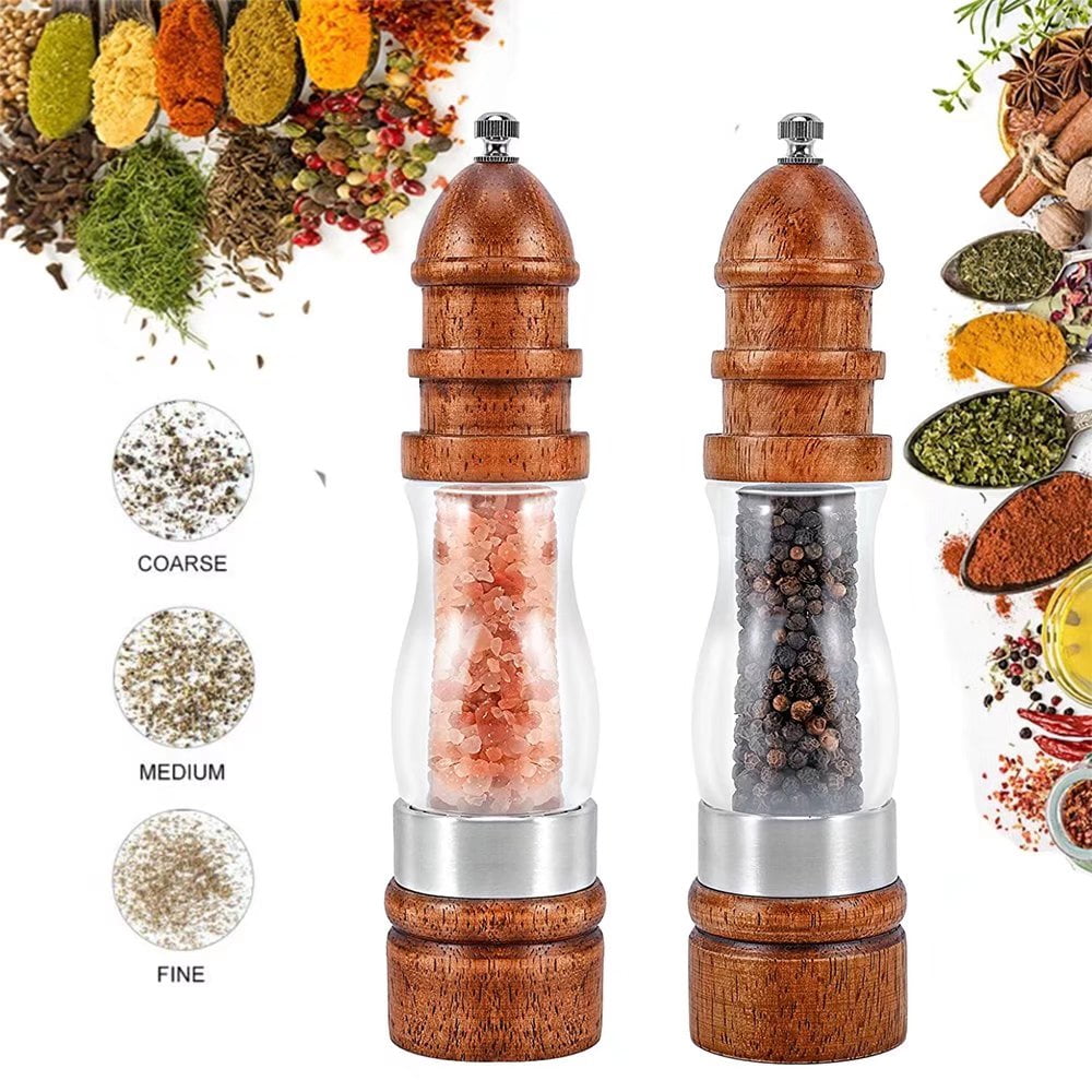 8in Pepper Grinder Hand Movement Wood Salt Pepper Mill Kitchen Cooking Tool-Pack of 2