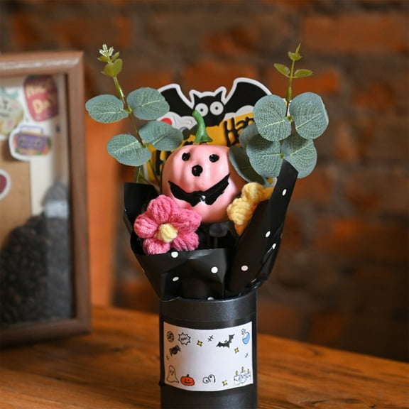 8in Pink Ghost Pumpkin Bouquet - Kawaii Halloween Table Decor with Display Stand, Cute Pastel Goth Centerpiece for Bedroom/Office/Party, Miniature Decoration Gift