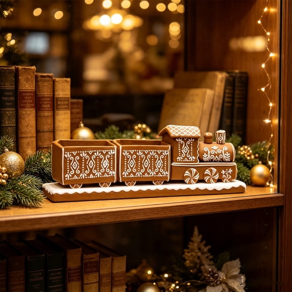 8in Resin Gingerbread Train Tabletop Ornament for Christmas Mantel Home Party Decor
