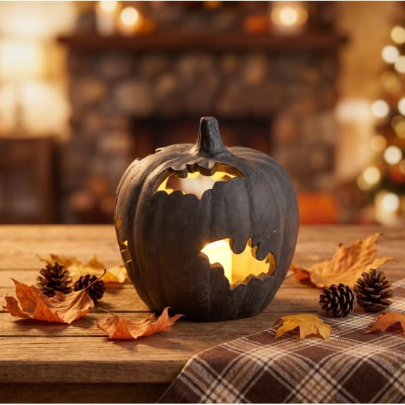 8in Short Round Bat Hollow Silhouette Pumpkin Light Warm LED Indoor Fall Halloween Party Shelf Rustic Ornament