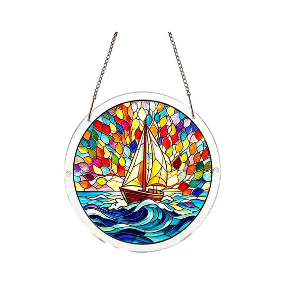 8in Stained Glass Style Sun Catcher Puzzle Window Hanging Decor with Floral Animal and Scenic Designs