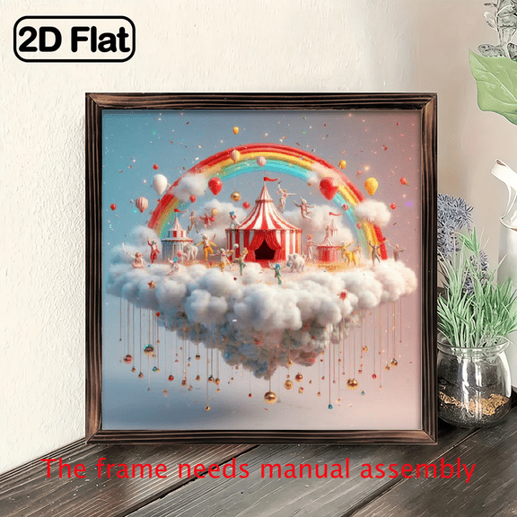 8inch 2D flat "Rainbow Paradise on Clouds" theme wooden frame painting. Suitable for wall decoration signs and plaques in homes, offices, restaurants and other places. It can be a very perfect gift.