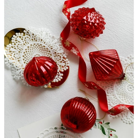 8inch Glass Christmas Ball Antiqued Ornaments Holiday Decor Red Color Small Series(4 Pieces)2025