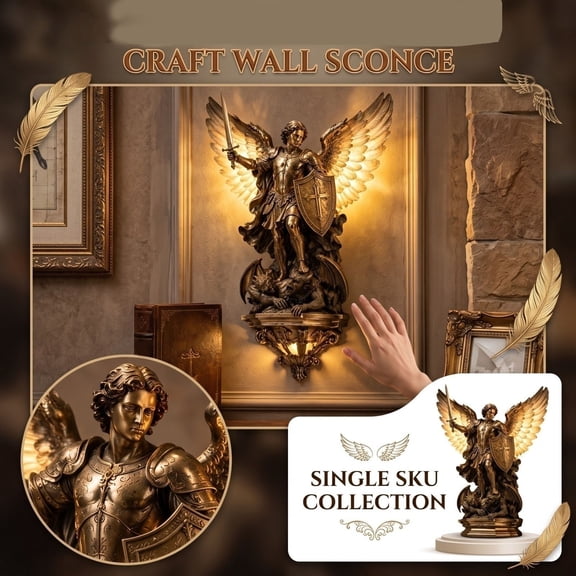 8inchArchangel Michael Wall Lamp Bronze Finish Vintage Resin LED Wall Sconce Creative (Battery Not Included) for Home Living Room Bedroom Bedside Decor