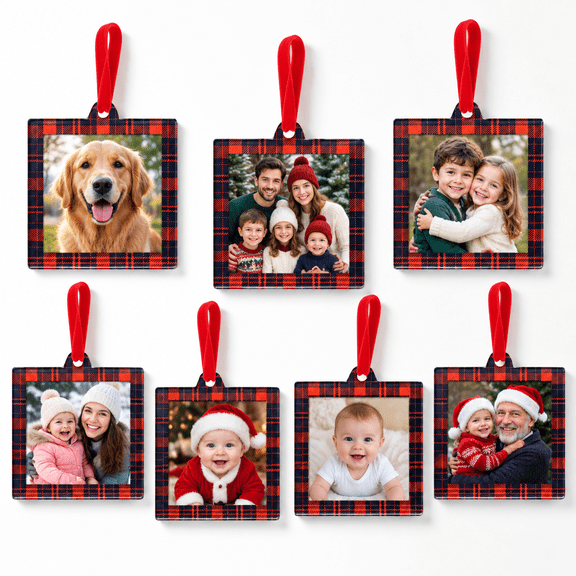 8mas Plaid Red Black Picture Frame Ornaments 2.5 X 2.5 Inch Festive Hanging Decoration Double-sided Photo Frames For Holiday Seas