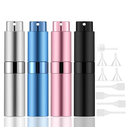 8ml Portable Mini Perfume Atomizer(4 PCS)，Refillable Empty Small Spray Bottle for Travel, Twist Type Pocket Cologne Sprayer (Matte Black, Pink, Blue, Silver)