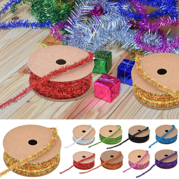 8mm (10 Yards/Roll) Glitter Yarn Christmas Ribbon - Fringe Decor for Gift Wrapping, Christmas Tree, Garlands, Sparkling Golden Design, Durable Fabric, Perfect for Holiday Crafts, C
