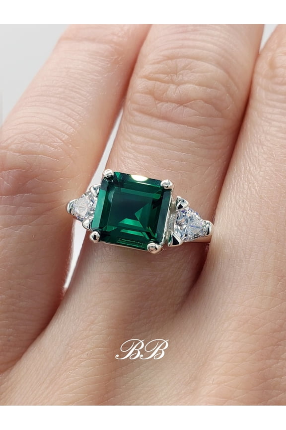 8mm - 10mm Asscher Square Cut, Simulated Emerald, Three Stone Ring, Sterling Silver,