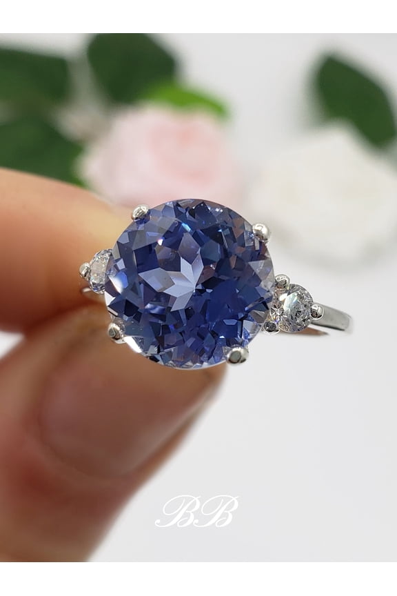 8mm - 10mm Lab Ceylon Blue Sapphire Round Cut, Accented Three Stone Ring, Sterling Silver