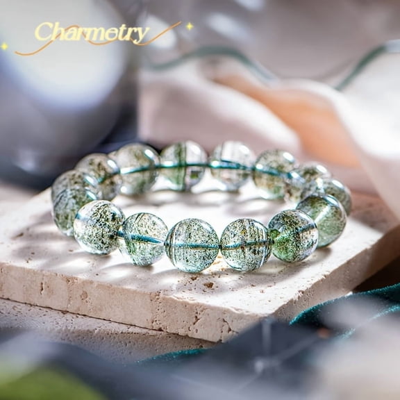 8mm/10mm Natural Super Seven Crystal Bracelet for Men & Women - Green Glow-in-the-Dark Floral Beads, Polished Smooth Crystal, Unisex Gift for Halloween, Camping, Daily Wear, Camping Accessory,,8mm