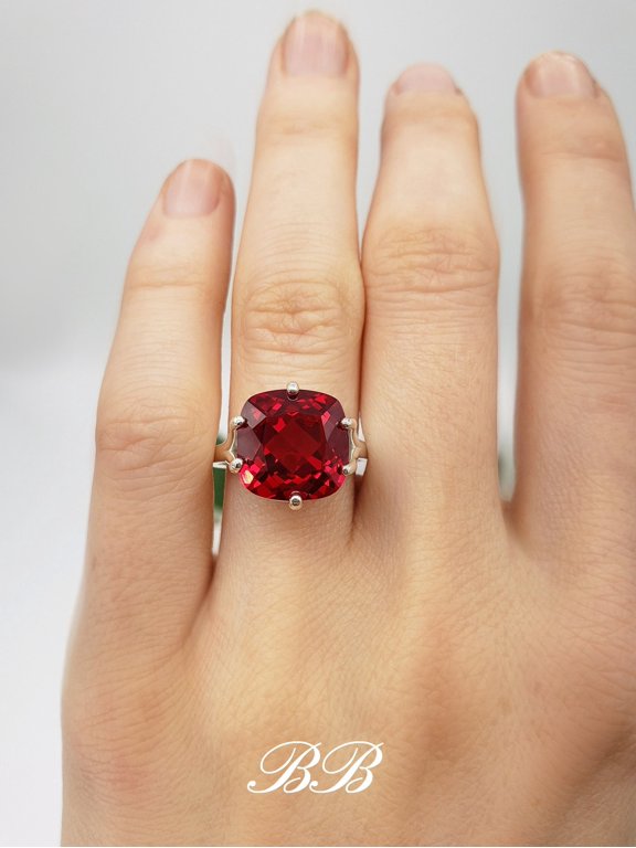 8mm - 12mm Lab-Created Red Ruby Cushion Cut, 6-Prong Solitaire Ring, Sterling Silver