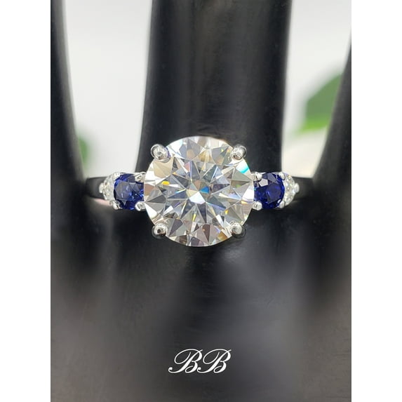 8mm-12mm Round Brilliant Cut Cubic Zirconia or Moissanite, Blue Sapphire Accents, Sterling Silver
